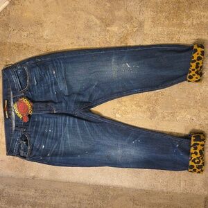 Blue Boyfriend Jeans with Unique Leopard Print Cuffs